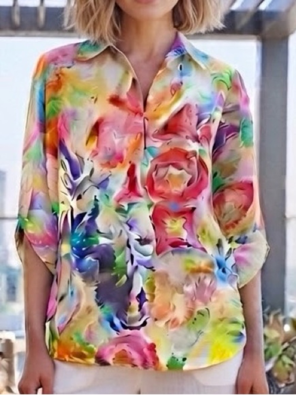 Ralph Lauren Multi-Color Floral Watercolor Cotton Tunic Blouse Size L